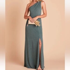 Birdy Grey Kira Crepe One Shoulder See Glass Green Side Slit Maxi Dress